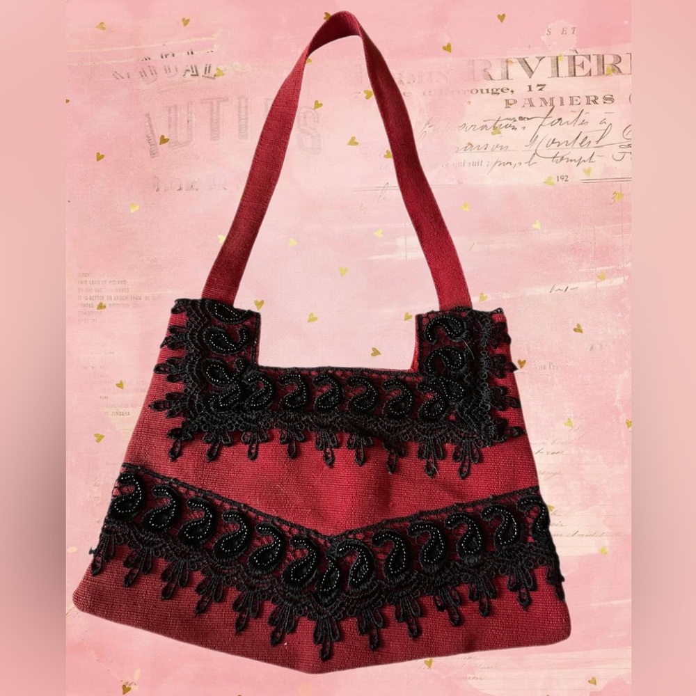 Aarong Red Fabric with Black Beaded Lace Artisan crafted Bag
